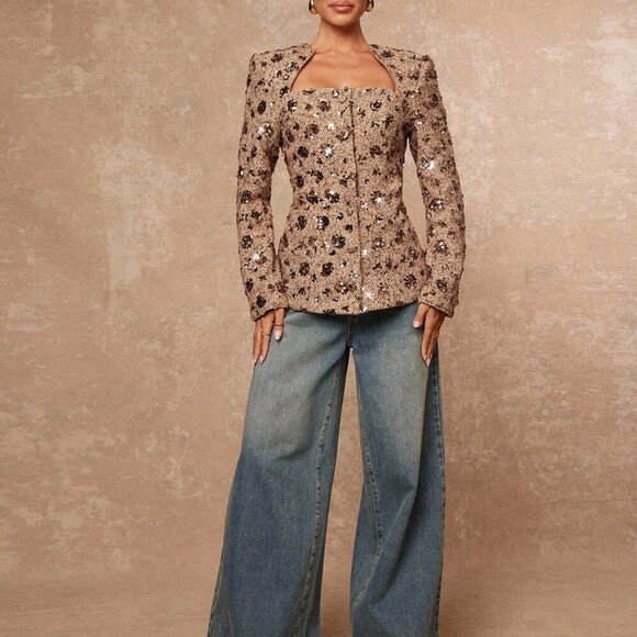 Khaki Elegant Women's Sequin Embroidered Hollow Out Cinched Tweed Blazer - Picture 3 of 8